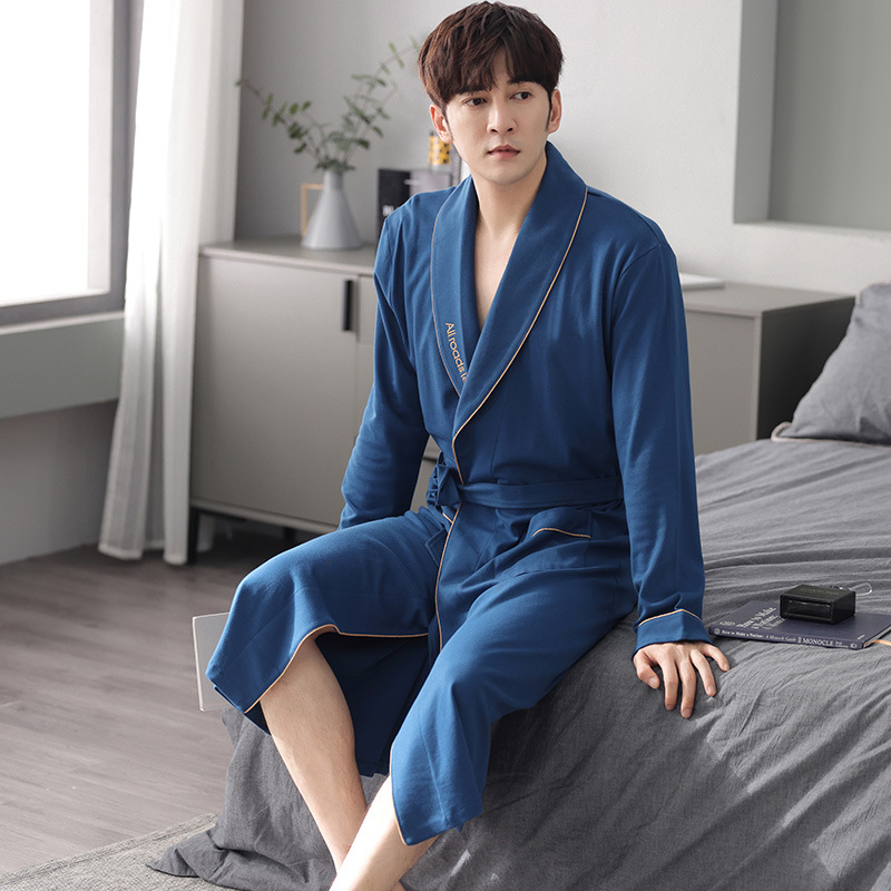 Men's Spring and Autumn Sleepwear robe plus size long sleeve pure cotton medium length bathrobe casual home wear one-piece drop shipping