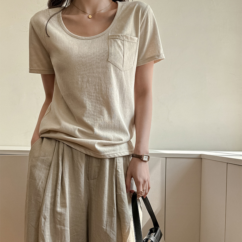 2025 Summer New Basic Simple Casual Round Neck Shoulder Short Sleeve Women's All-match Base Loose T-shirt Top