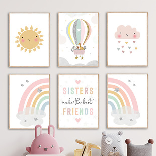 Nordic living room cute cartoon illustration style children's room decoration hanging painting bedside small fresh canvas bedroom weather
