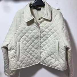 跨境批发2022冬季新款女装纯色翻领棉衣复古长袖菱格短款棉服外套
