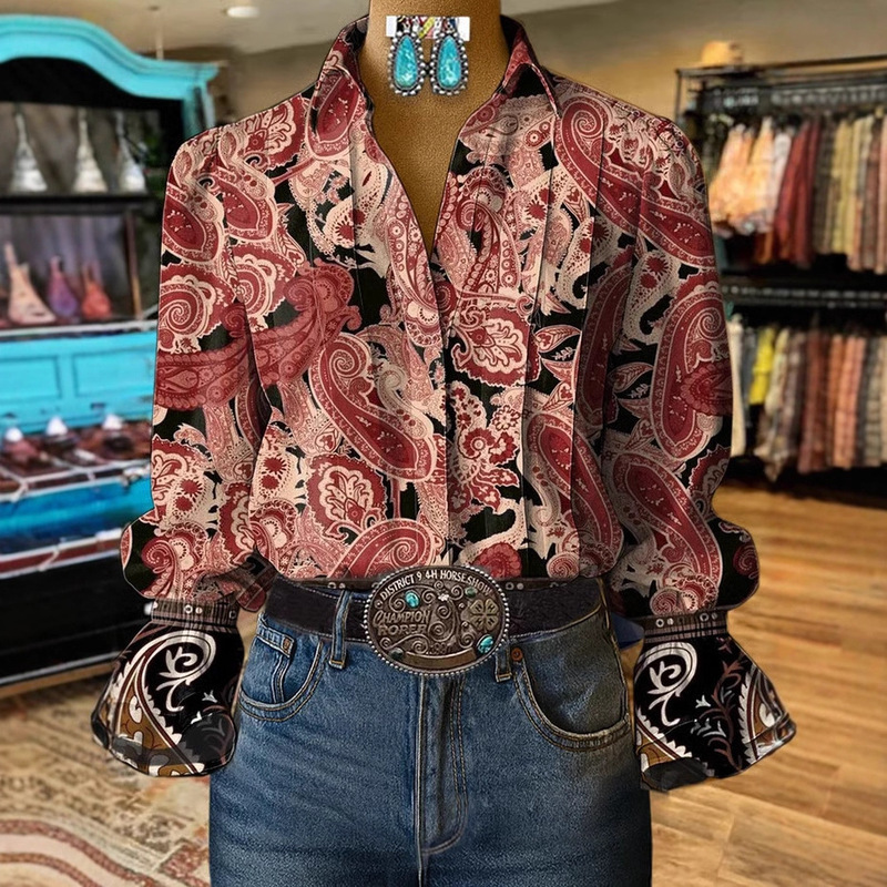 2025 Cross-Border Digital Printing Spring and Autumn New Style Women's Bohemian Trendy Bell-Sleeve Shirt