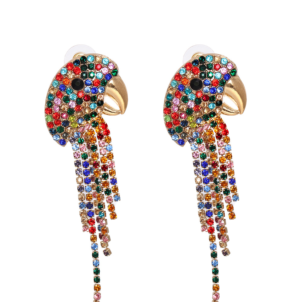 New Vintage Color Diamond Animal Parrot Tassel Earrings Wholesale Nihaojewelry display picture 2