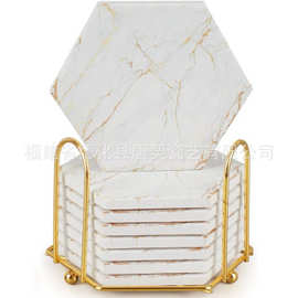 亚马逊热销六角形大理石纹陶瓷吸水软木杯垫 支架6片套咖啡饮料垫