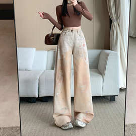 实拍实价~美式复古重工数码印牛仔裤女辣妹设计感小众阔腿拖地裤