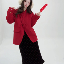 N0701冬日恋曲羽绒套装女新年新中式羊复古毛呢外套女厚红色冬季