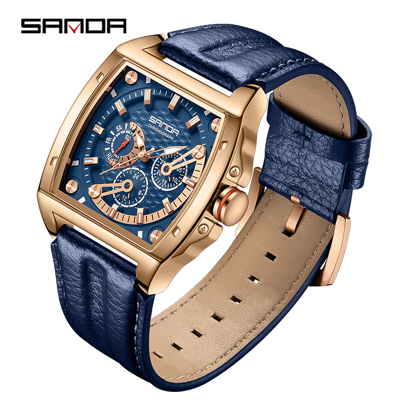 SANDA hombres barril reloj de cuarzo multifunción calendario semana 24 horas Correa reloj
