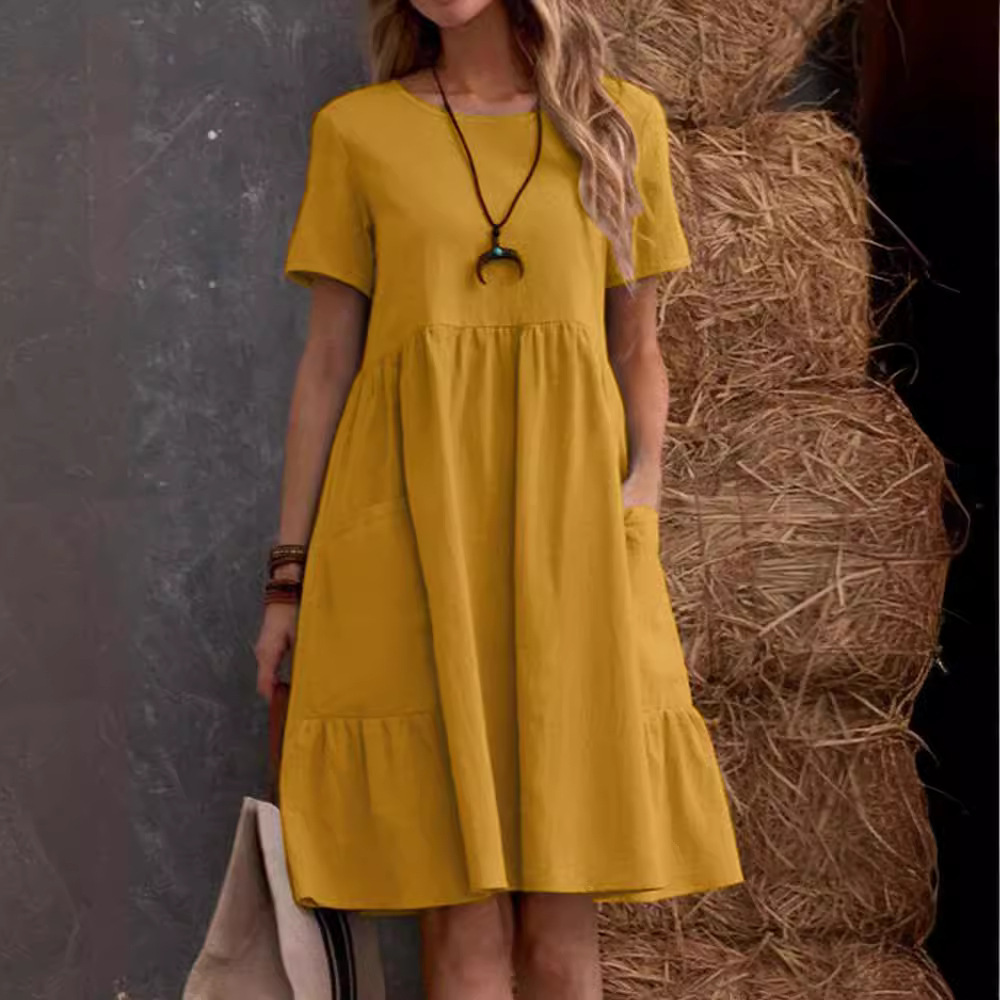 2026 Summer European And American Retro Loose Pocket Solid Color Round Neck Women's Dress_ecoleips.com
