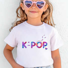 K-POP 耳机音符纯棉童装T恤 女童韩系风圆领上衣跨境代发60409-26