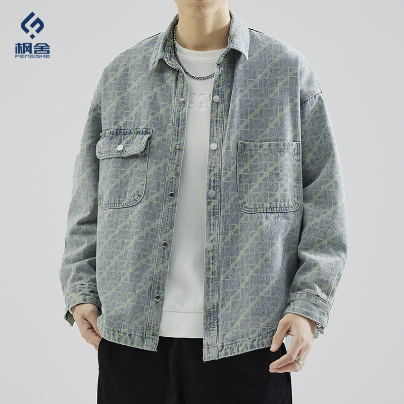 Fengshe Men's Clothing / 2025 Autumn/Winter New Japanese Style Trendy Mint Green Printed Loose Drop Shoulder Denim Shirt