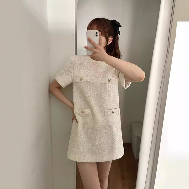 South Korea Chic Summer French Style Elegant Round Neck Loose Casual Multi-Pocket Design Chanel Style Short Sleeve dress Women