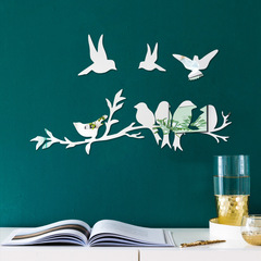 JM1090跨境3D立體樹枝小鳥亞克力鏡面貼家居裝飾自粘卡通鏡子牆貼