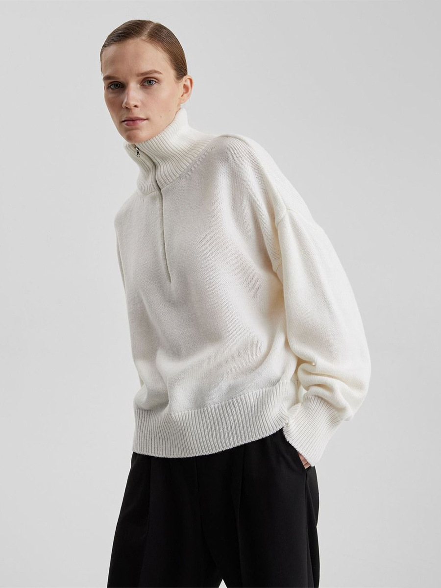 Transfronterizos de cuello medio cremallera suéter de cabeza mujer Europa y los Estados Unidos otoño y invierno 2025 nuevo suelto camiseta de punto perezosa camiseta superior