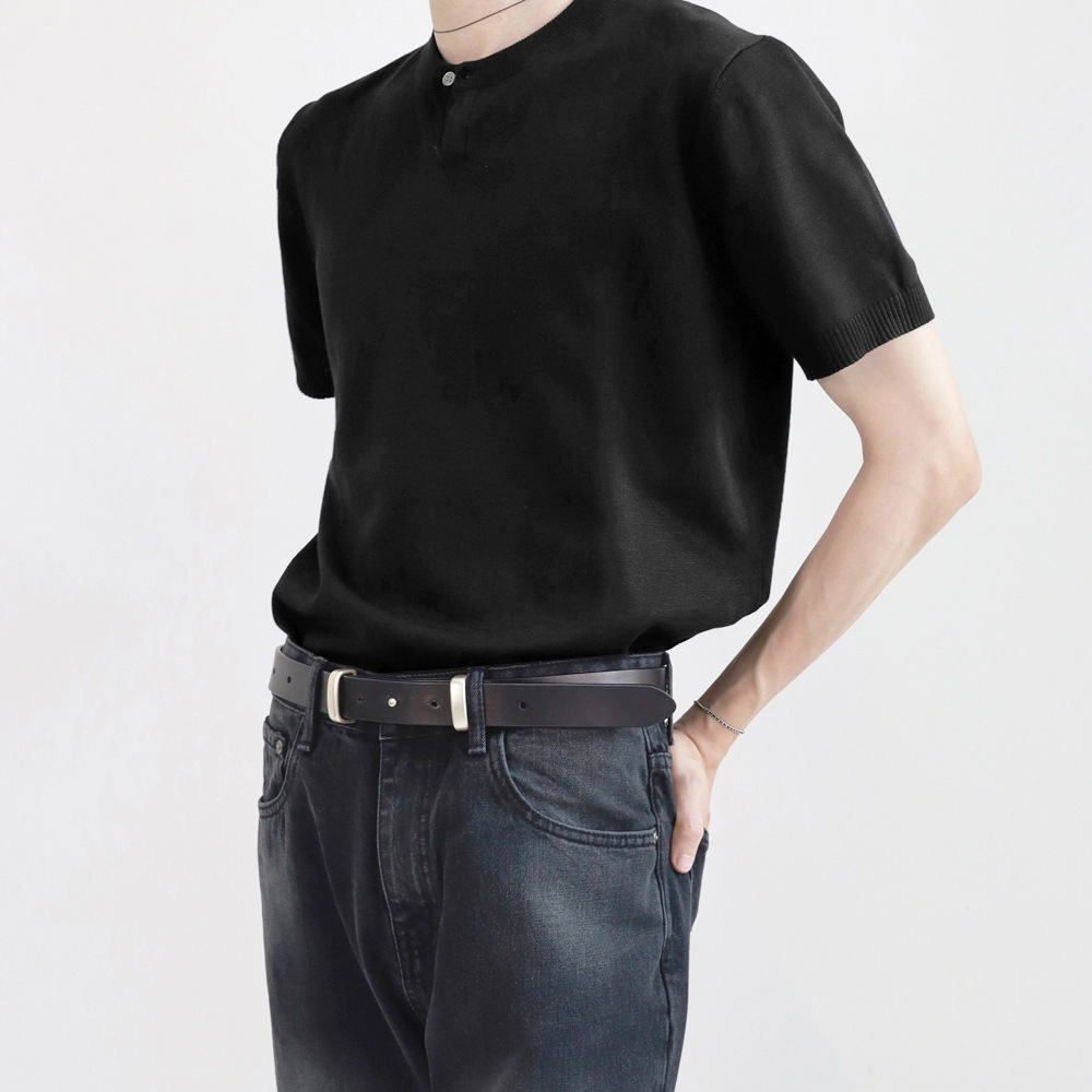 Botón de cuello en V camiseta de manga corta hombre color sólido inglés de negocios de verano de seda de hielo transpirable comercio exterior al por mayor transfronterizo