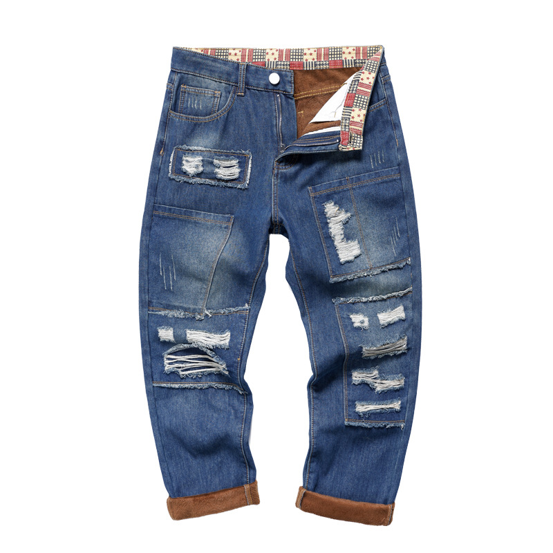 Hellfarbene, zerrissene und geflickte, locker sitzende Jeans mit geradem Bein für Herren, mittelhoher Bund, blauer, nicht dehnbarer Stoff, lange, gerade Hose_voghion.com