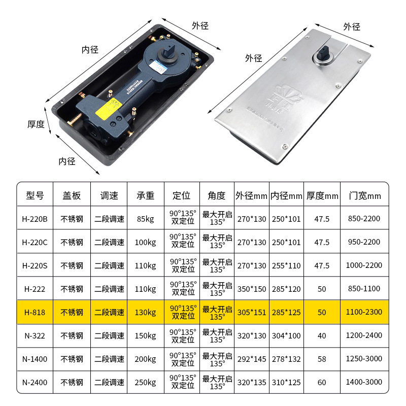 H-818玻璃门地弹簧有框无框135度双定位通用型液压地弹簧厂家批发|undefined
