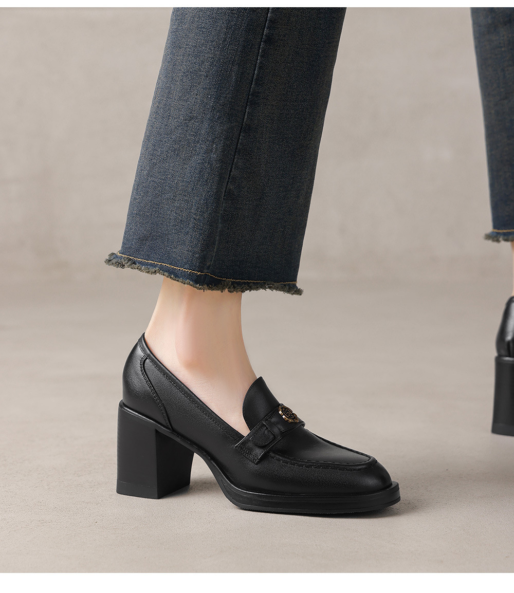 Giày loafer nữ cao gót phong cách Anh quốc vintage, da bò thật gót vuông — màu nâu chi tiết 14