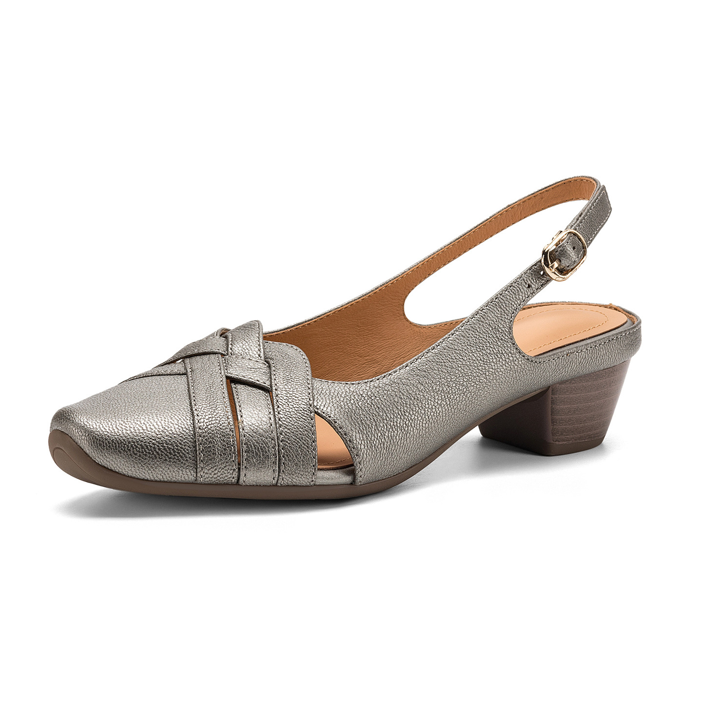 Sandal nữ mũi nhọn quai dệt gót thô 3.5 cm da cừu — Champagne màu