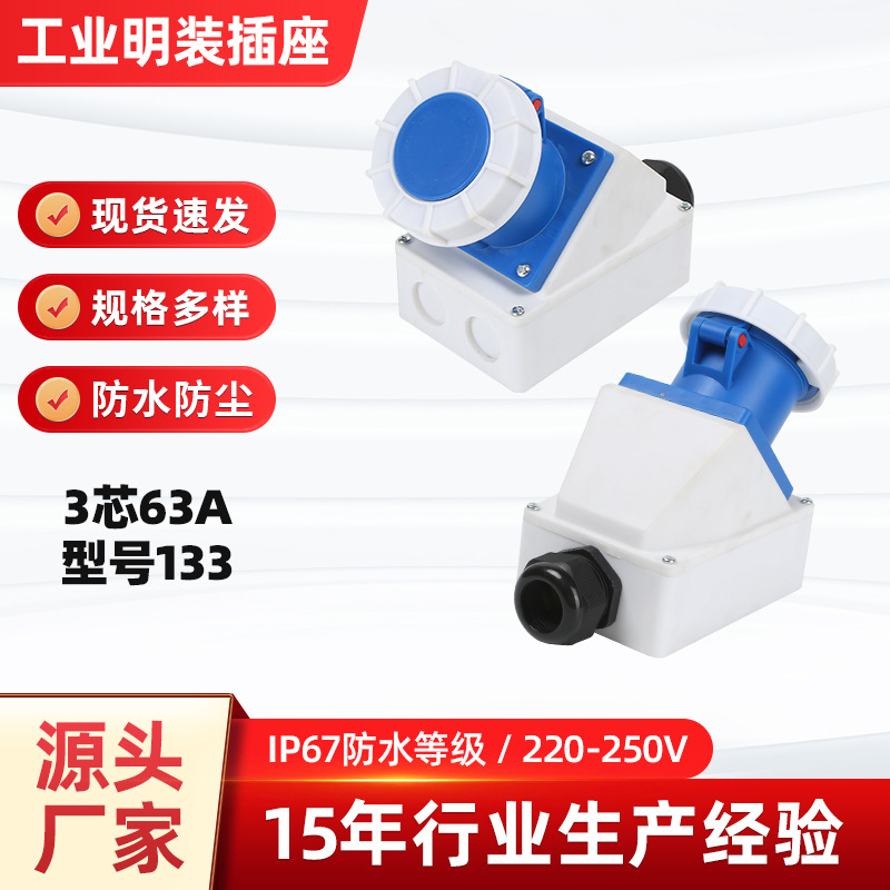 3芯63A大电流工业连接器明装插座2P+E航空防水插座型号133
