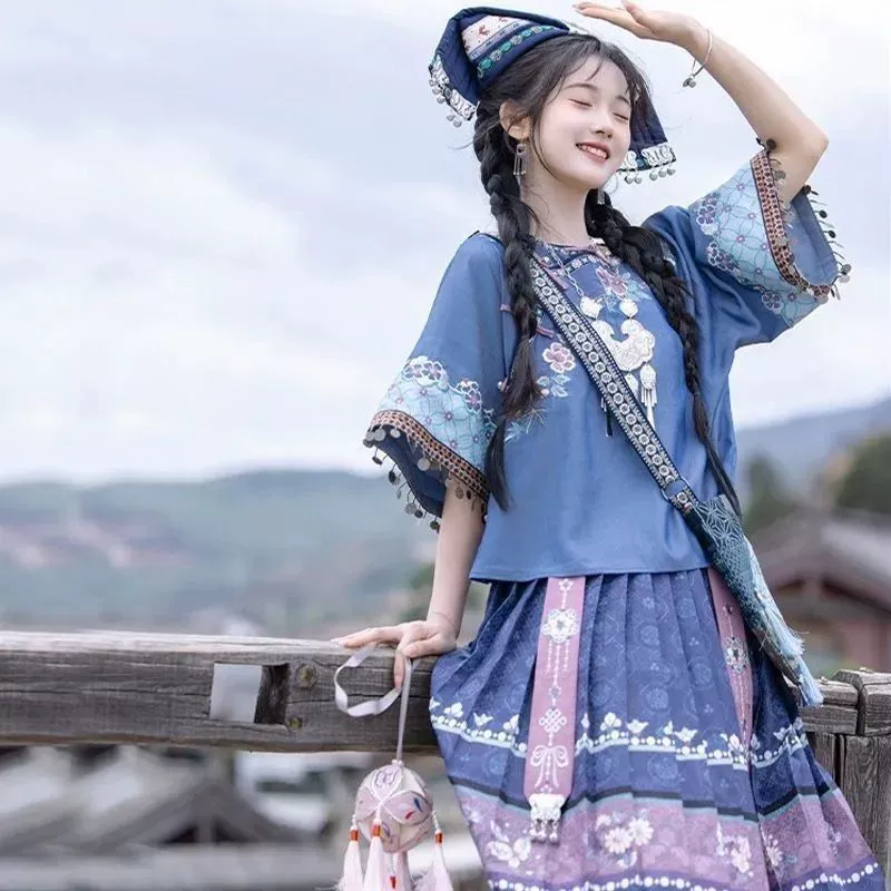 Лето 2024, женский топ и юбка с косыми лацканами в китайском стиле, синий окрашенный Hanfu, повседневный комплект из двух предметов в этническом стиле