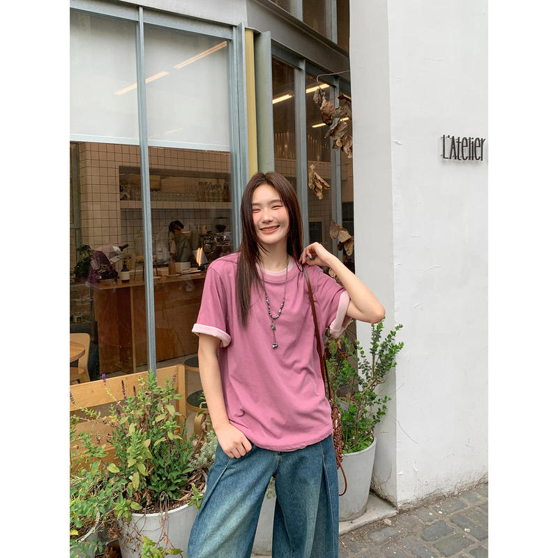 Vintage Color-Blocking Two-Piece Layered T-Shirt for Women, Summer 2025 New Style, Elegant and Slimming Lightweight Top Vintage Color-Blocking Two-Piece Layered T-Shirt for Women, Summer 2025 New Style, Elegant and Slimming Lightweight Top