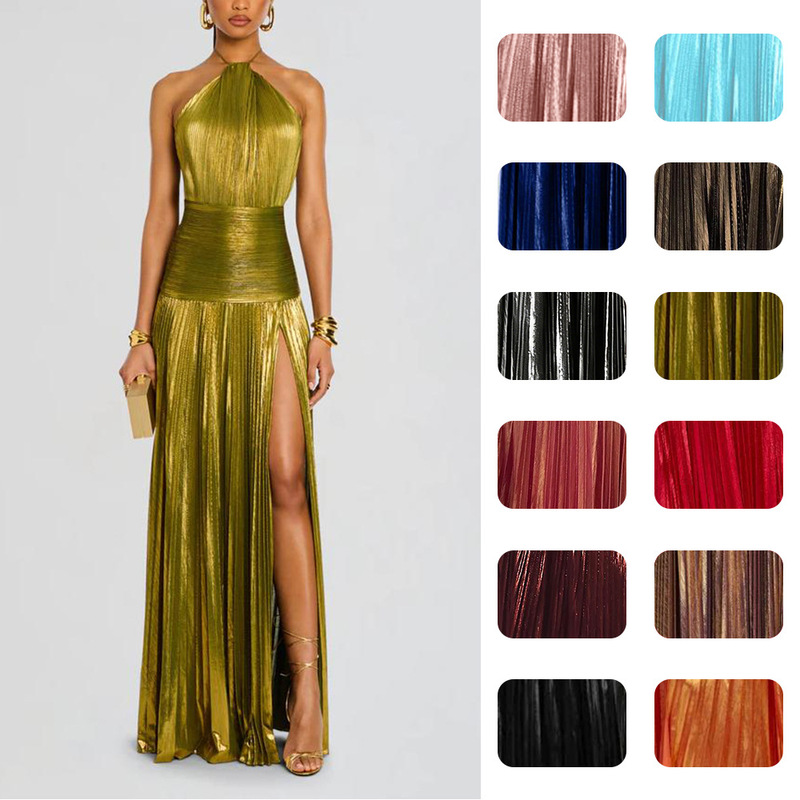 Amazon Independent Station European and American Women's Metallic Pleated Split Lace-up Neck dress Sleeveless Backless 8155