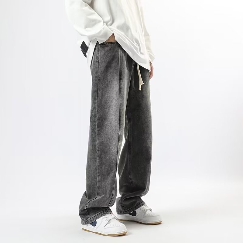 Pantalones vaqueros degradados de la marca de moda de los hombres ins pantalones casuales de la calle alta pantalones de trapeador de pierna ancha rectos sueltos con cordón de vaca