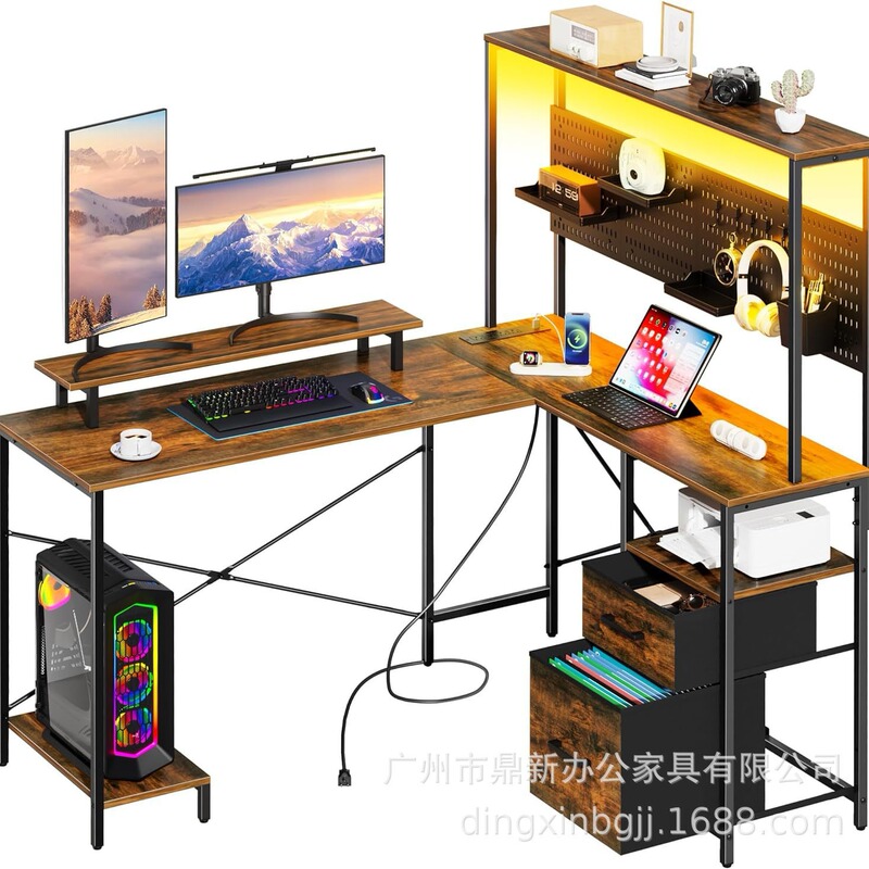 Amazon Hot Sale L-Shaped Desk with Pegboard Reversible Gaming Table with Drawers and Led Lights and Power Sockets