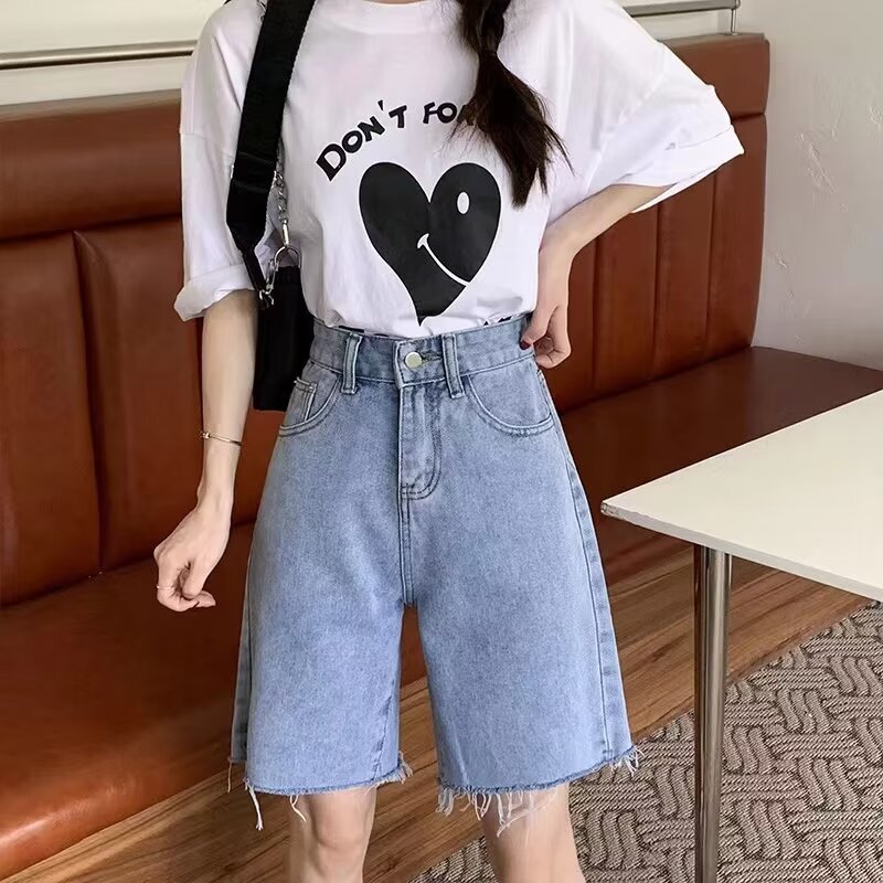 Hong Kong Style Vintage Denim Shorts Women's Summer High Waist Loose Trendy Brand Japanese and Korean Light Color Large Size Five-Fit Medium Pants