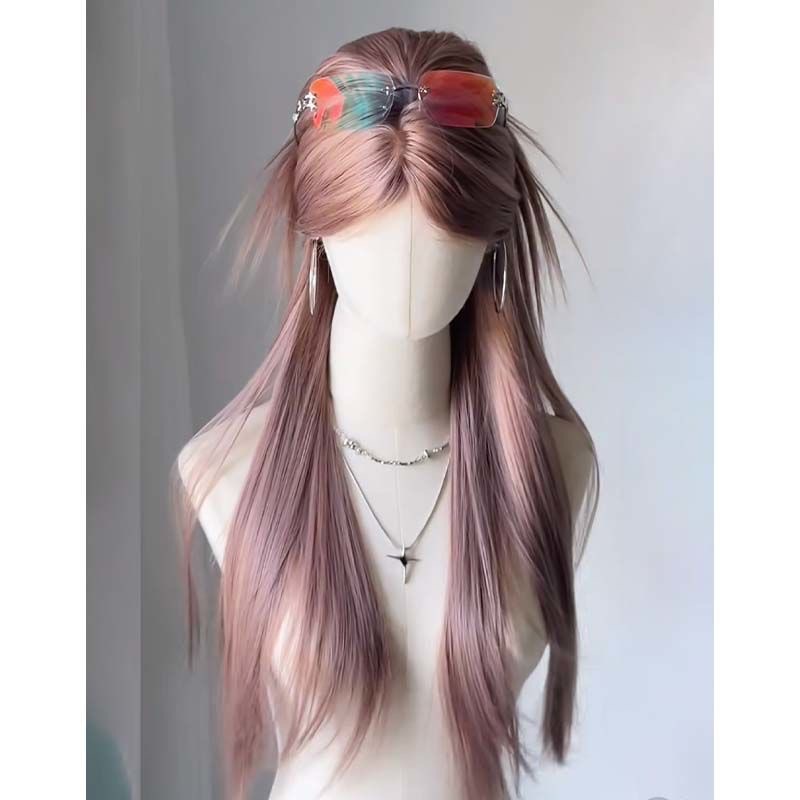Perucă Koni [Fată Asiatică Atrăgătoare] Perucă Naturală de Vară cu Eleganță Asiatică în Roz Pudrat, Păr Lung și Drept