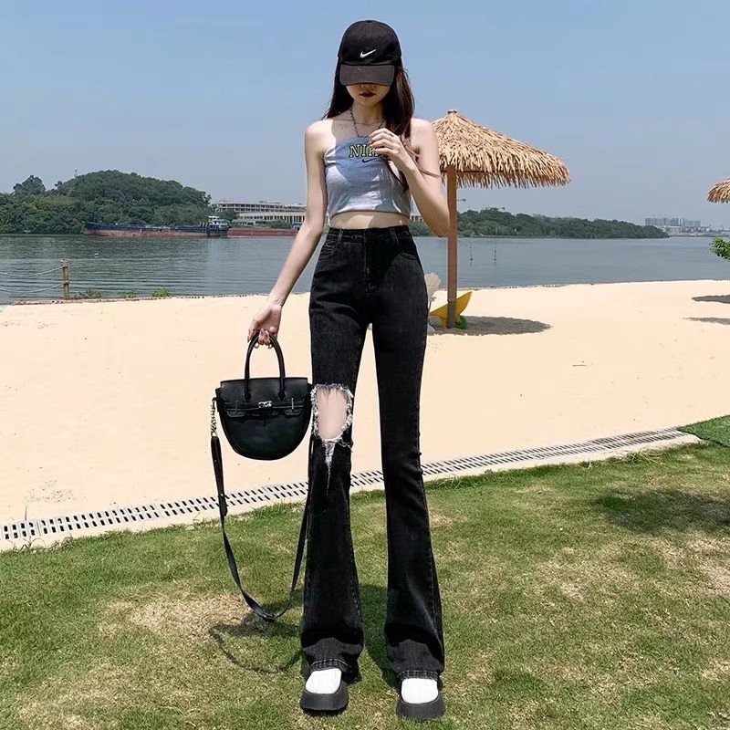 黑色破洞喇叭裤女高腰小个子显瘦牛仔裤女辣妹夏季薄款微喇长裤子