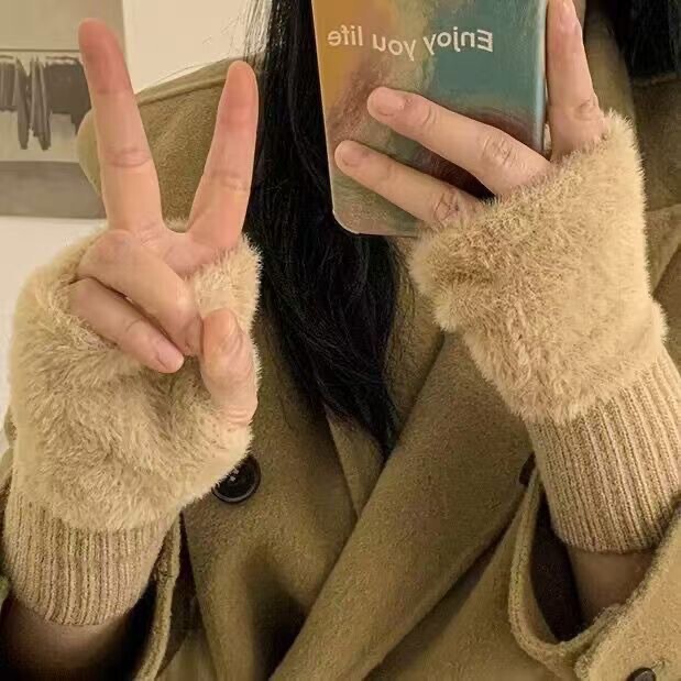秋冬保暖防寒手套女ins仿貂毛百搭毛绒气质可爱办公半指学生手套|undefined