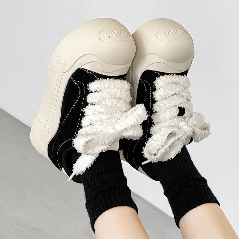 2025秋冬新开口笑帆布鞋厚底增高大头鞋子情侣板鞋百搭黑色面包鞋