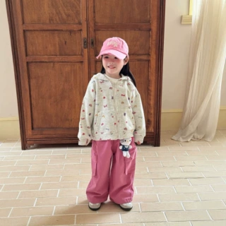 女童春秋满印彩色图案华夫格连帽外套韩版2026新款拉链长袖外套
