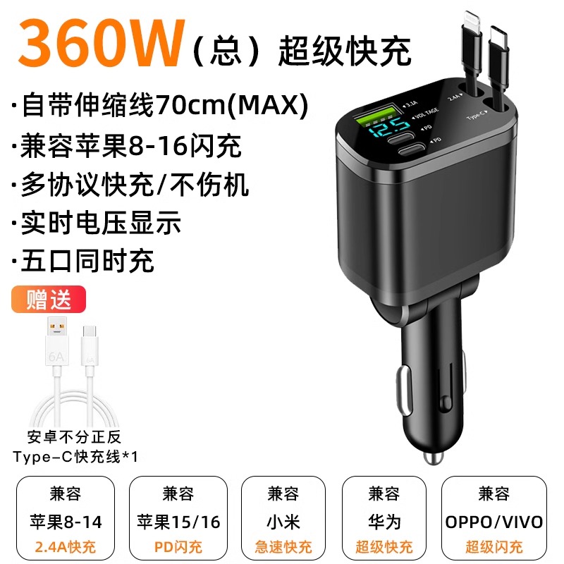 Qìchē – Car Charger 120w Mobil şarj cihazları - exclusive-speed-up-super-fast-charge-five-ports-simultaneously-with-retractable-cable-type-c-data-cable