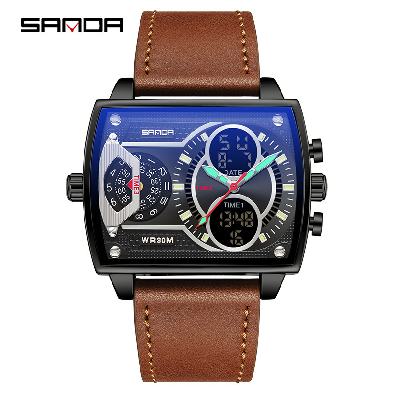 Sanda sanda6032 Harajuku estilo reloj electrónico doble pantalla multifuncional cinturón hombres moda cuadrado reloj personalizado