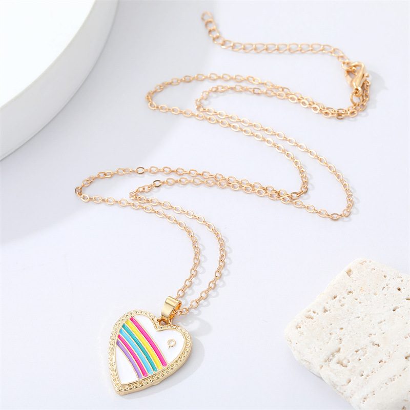 Korea Cute Rhinestone Rainbow Love Necklace Alloy Drop Oil Heart Pendant