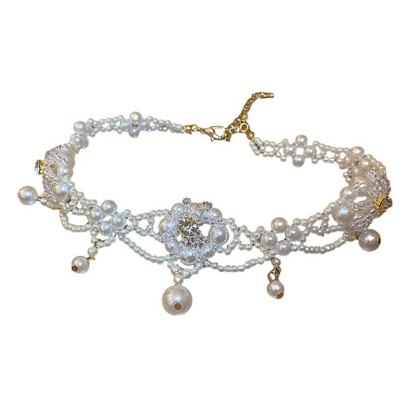 Diamante de cristal perla flor collar estilo Rococó Francés moda collar clavícula Cadena de alto grado luz collar de lujo