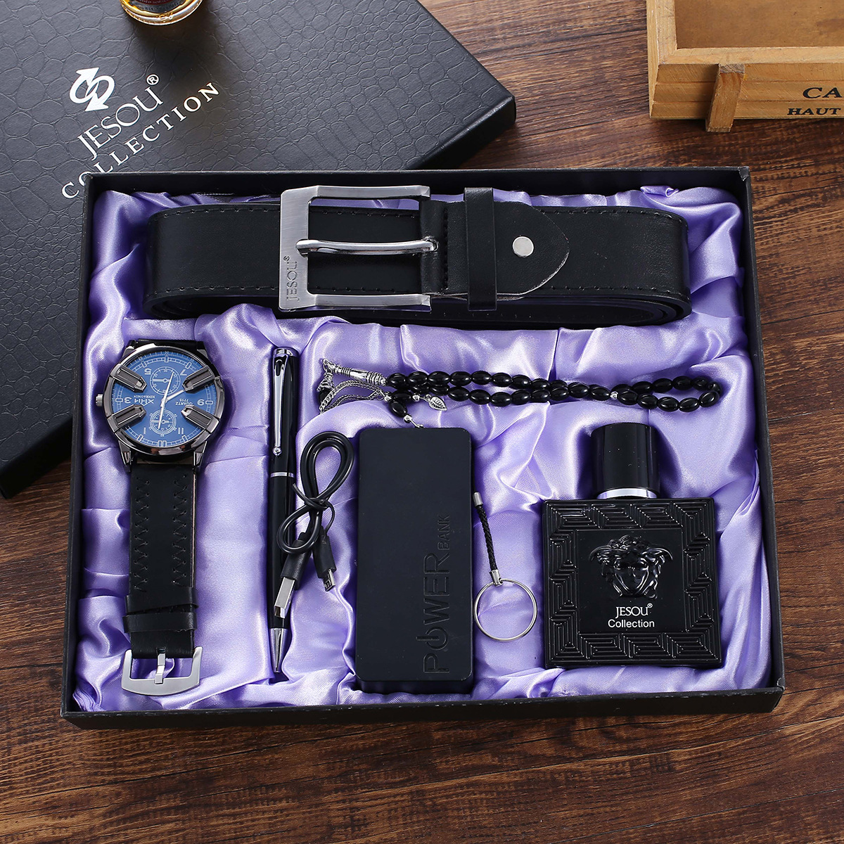 Men's Watch Gift Set, Elegant Belt, Men's Watch, Pen, Necklace, Leather Strap, Perfume, Power Bank 6-Piece Set