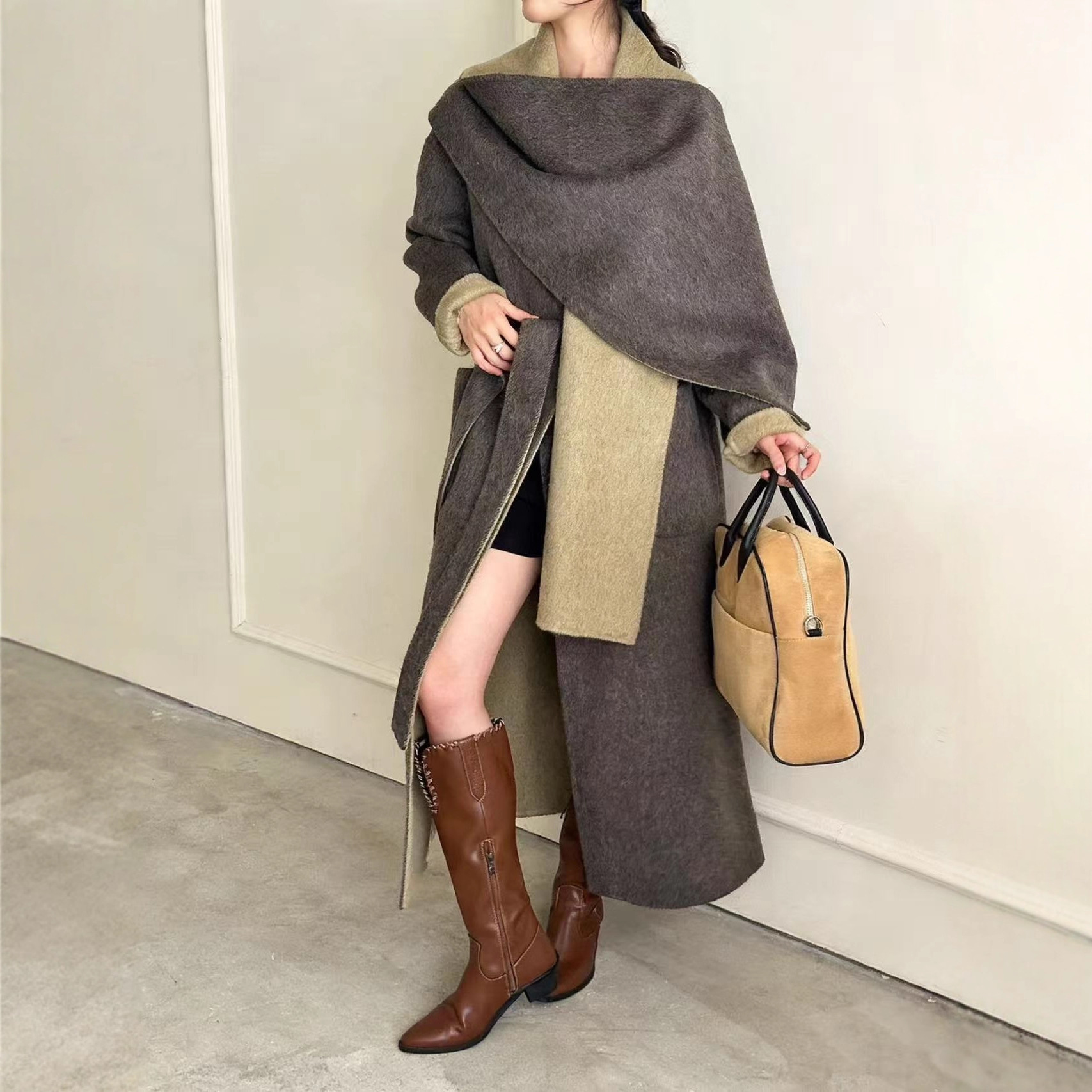 25 Years Autumn and Winter New Korean Style Scarf Style Double-Sided Outwear Long Loose Thickeneded Warm Woolen Outwear for Women