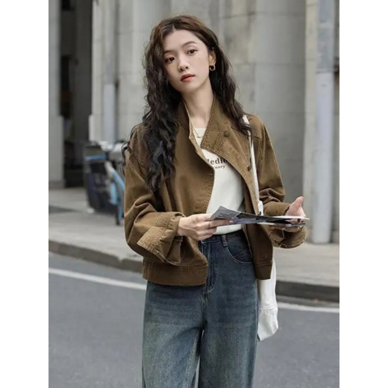 复古咖色牛仔短外套女2025春秋新款小个子宽松立领工装夹克上衣|undefined