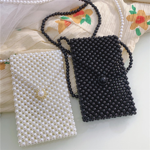 Pearl bag for women ins style internet celebrity retro crossbody bag handmade woven bag handbag beaded bag mobile phone bag for women