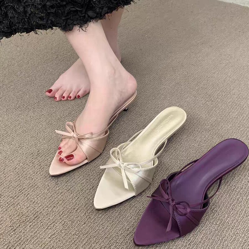 2025 New Summer Style Large Size Rhinestone Mesh Pointed Toe Fish Mouth High Heels Stiletto Heels Sexy One-Line Sandals and Half Slippers