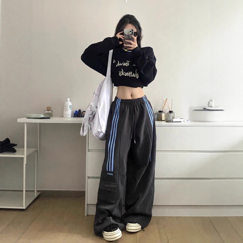 美式复古深灰休闲卫裤女潮牌松紧腰抽绳阔腿裤三条杠爵士舞束脚裤|undefined