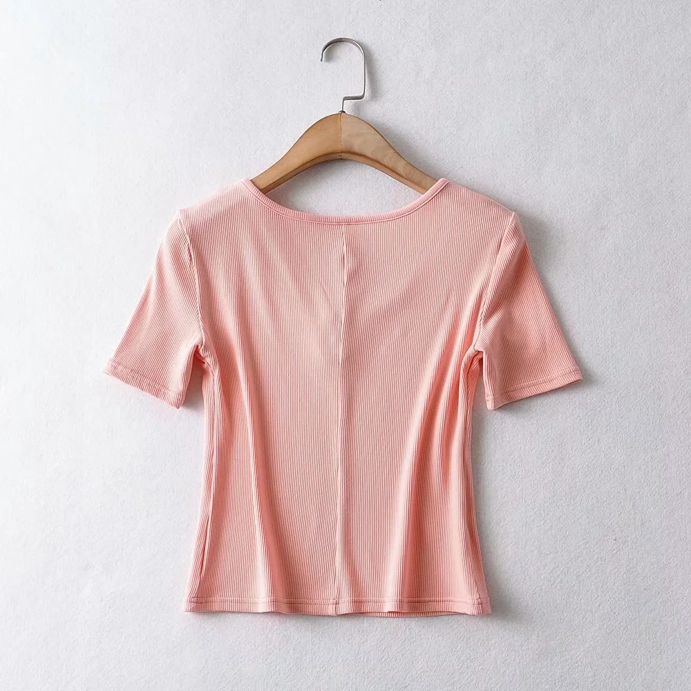 chest button solid color short-sleeved T-shirt  NSAC32330