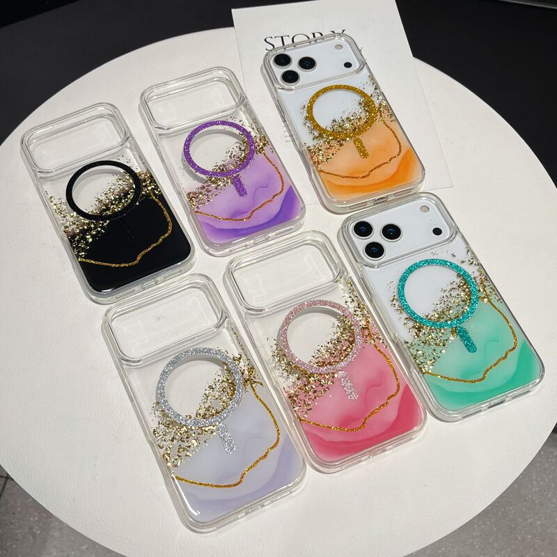 Suitable for Iphone17Pro Hermès Orange Magnetic Marble Platinum Glitter Glue Thickeneded Mobile Phone Case