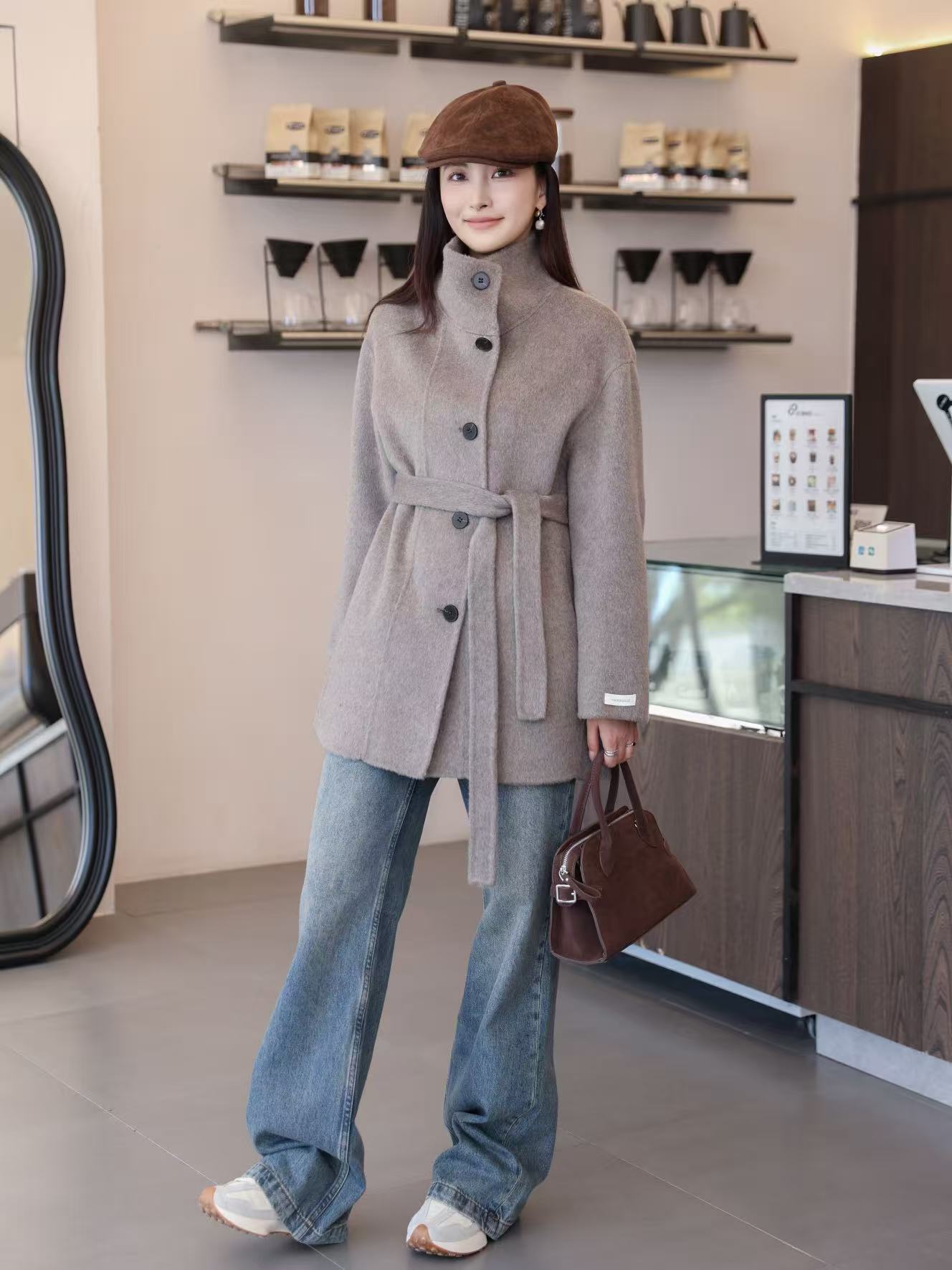 カシミヤバージョンにアップグレード！スタンドカラー、シングルボタン、紐付き、新作両面ウールコート、レディースショート丈、小柄な方向け、25秋冬