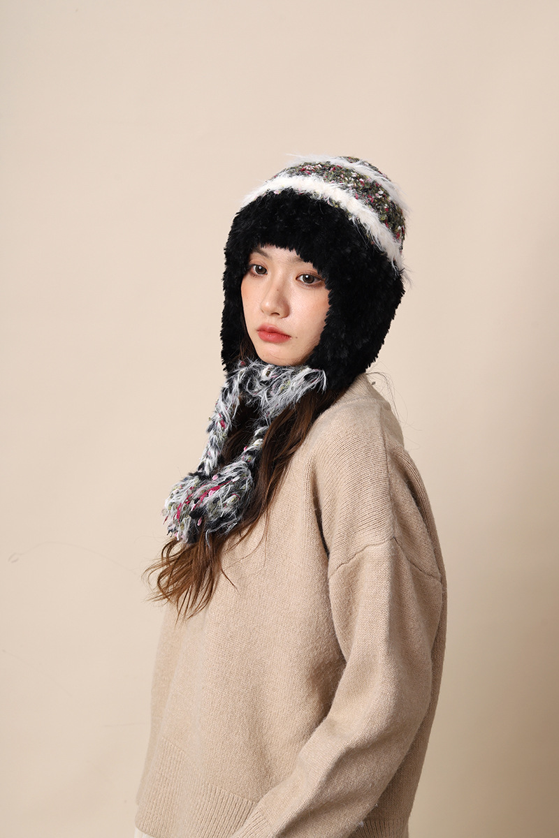 Cappello di lana lavorato a maglia con lacci colorati per donna autunno inverno nuovo caldo protezione per le orecchie e fascia per la testa a strisce colorate_voghion.com