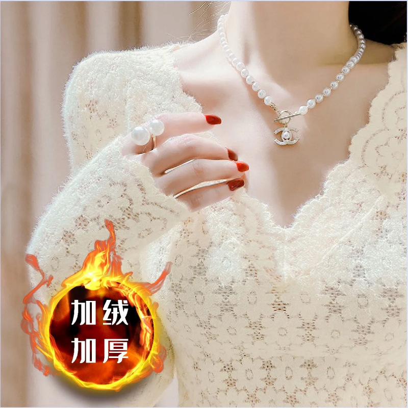 New winter style plush thickened collar for women's winter lace base shirt European fashion inner layer warm long-sleeved top