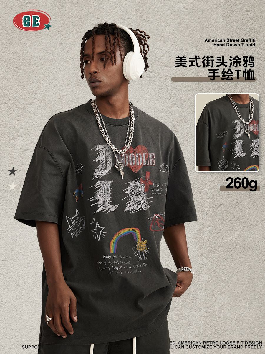 Be Hombres| Retro americano hecho viejos ojos impresos camiseta de moda de moda masculina alta calle Boxy estilo suelto de media manga superior