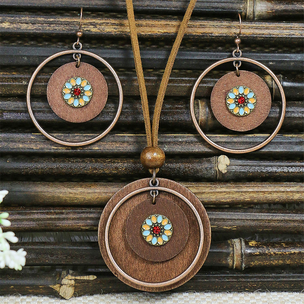 Estilo étnico aleación vintage colgante de madera collar europeo y americano popular antiguo angustiado pendientes geométricos transfronteriza nuevo traje
